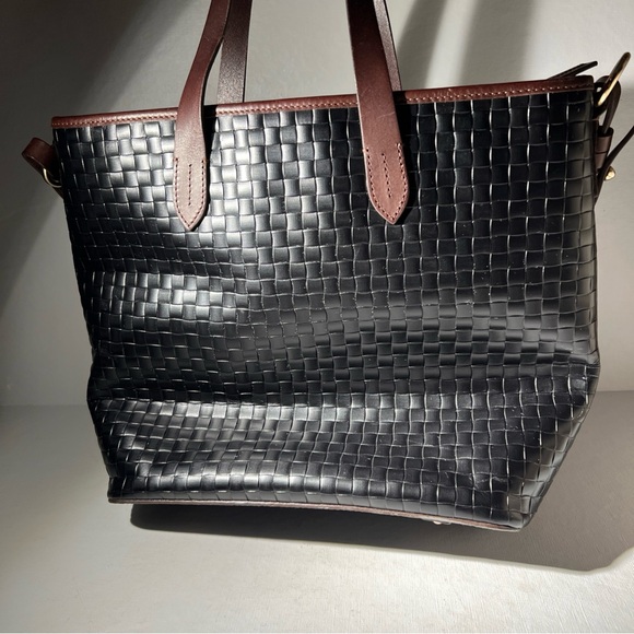 Dooney & Bourke Woven Leather Tote Black Brown Trim Shoulder Bag - Picture 5 of 16